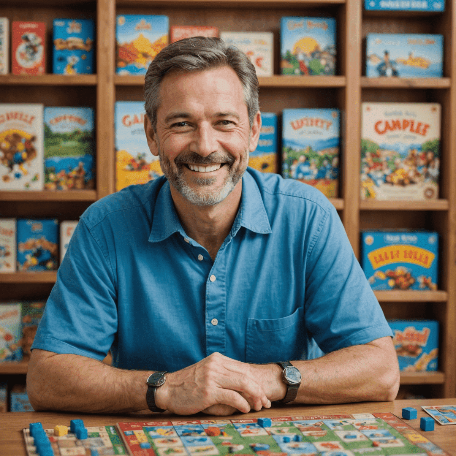 Portrait d'un homme d'âge moyen souriant, portant une chemise bleue, assis devant une étagère remplie de jeux de société