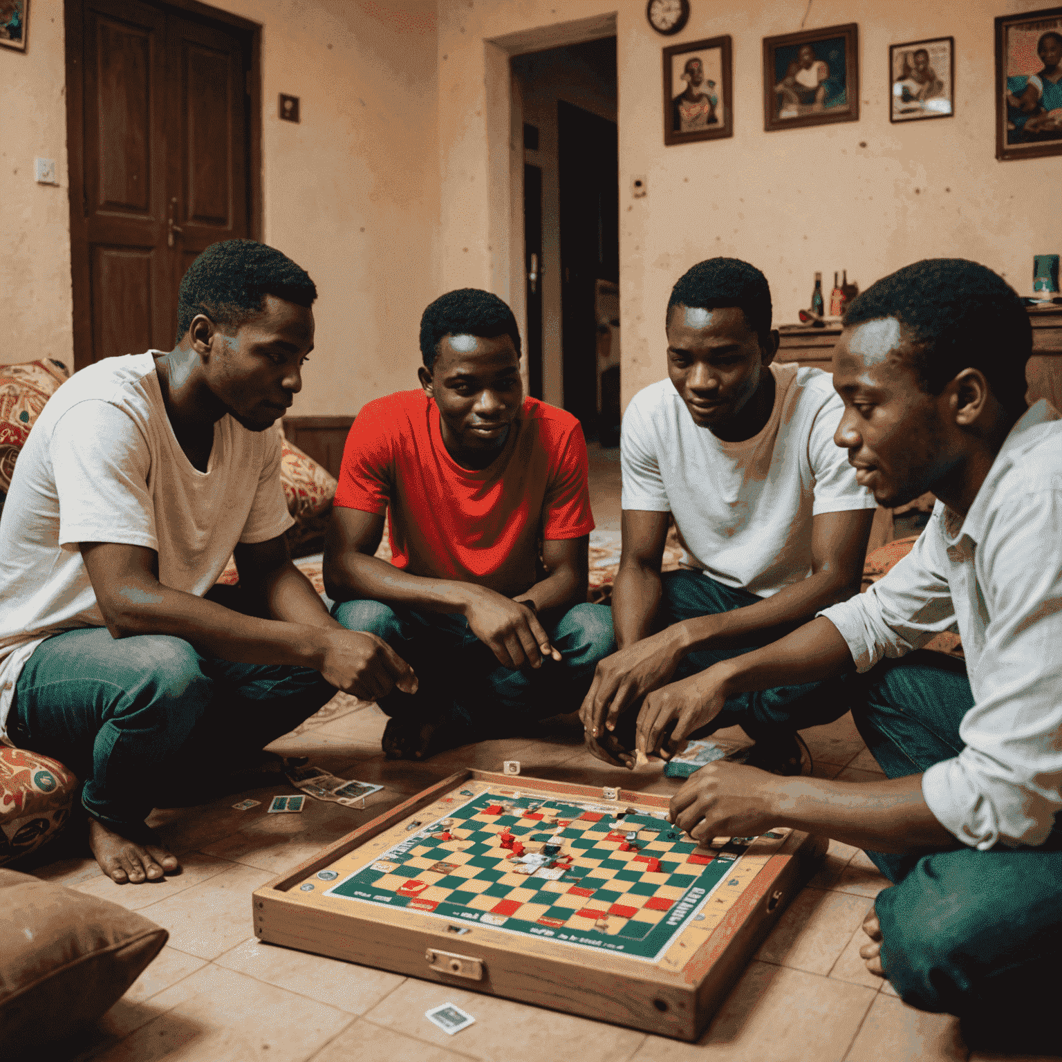 Un groupe d'amis jouant au jeu de société 1Win dans un salon confortable à Lomé, Togo