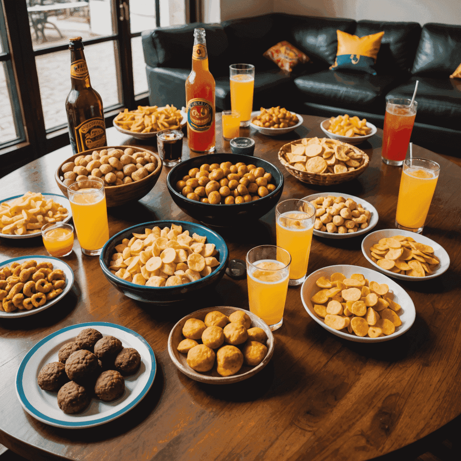 Une table avec le jeu 1Win installé, entourée de snacks togolais et de boissons rafraîchissantes