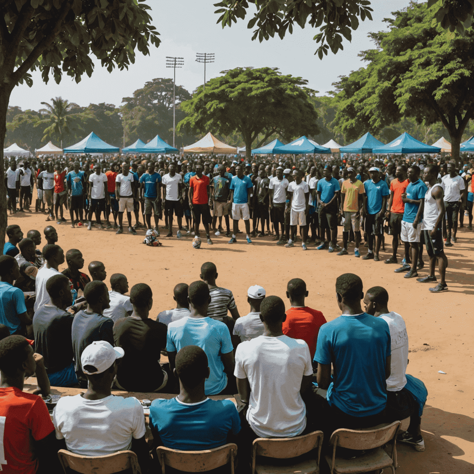 Un tournoi de 1Win organisé dans un parc public à Lomé, avec de nombreux spectateurs et participants