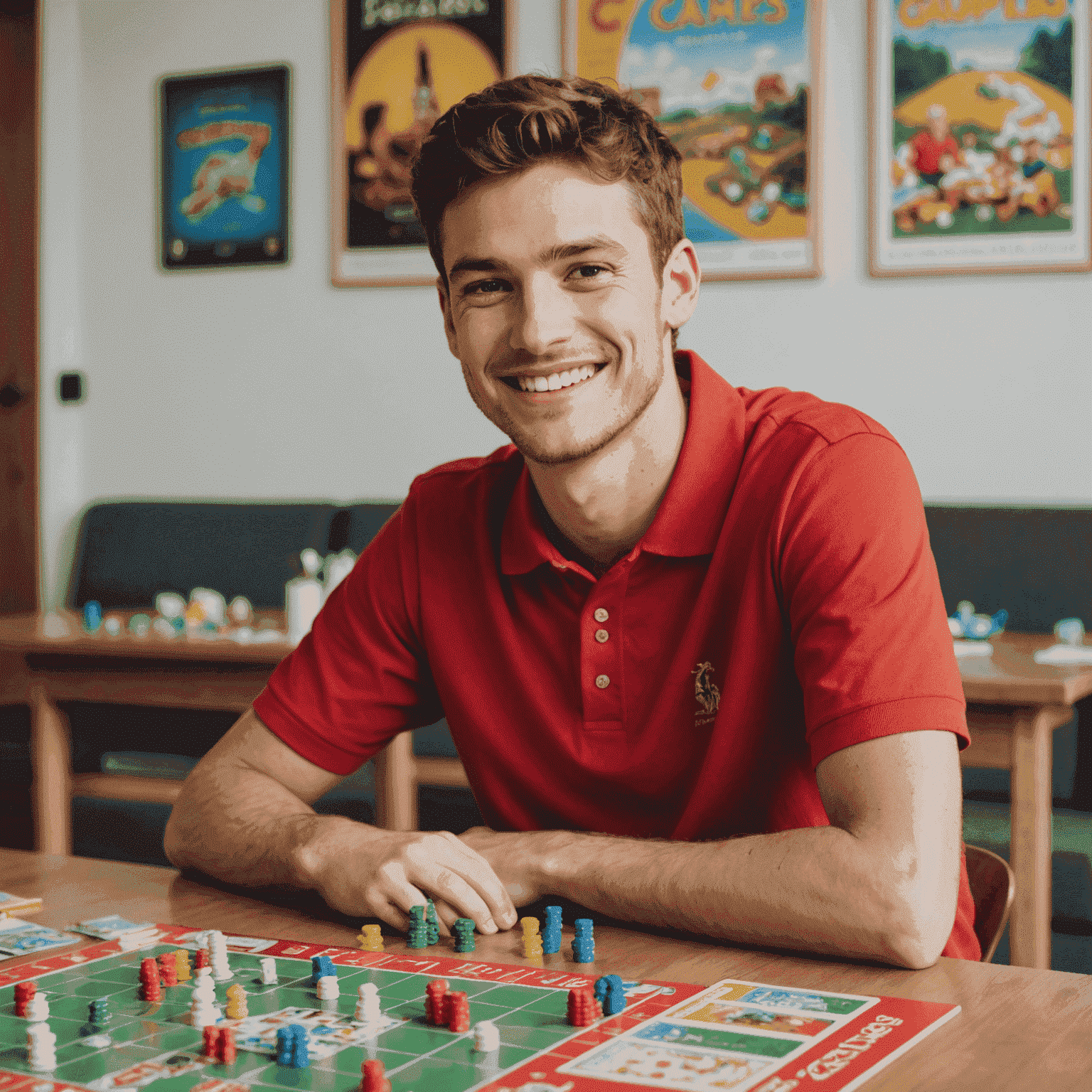 Portrait d'un jeune homme souriant, portant un polo rouge, assis à une table avec plusieurs jeux de société étalés devant lui